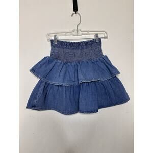 Aerie Frills N Thrills Denim Skirt Tiered Ruffles Sz Small Smocked Waist Flares